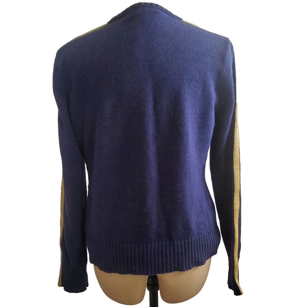 Ralph Lauren Women's Sweater Size XL Navy Gold Racing Stripe Cotton Pony Logo - Picture 3 of 6